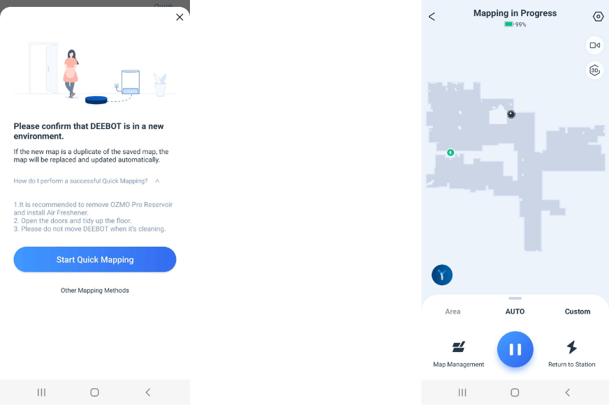 Der Schnellkartierungsprozess des Ecovacs Deebot T10 ist in der App zu beobachten.